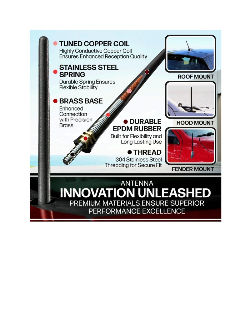 Votex Black Short Rubber 6 3/4 Inch Universal Antenna Kit - Car Wash Proof, Easy Setup, Enhanced Reception with Copper Coil, Stainless Steel Threading, Flexible & Durable Fits Cars, Trucks, SUVs - Image 3